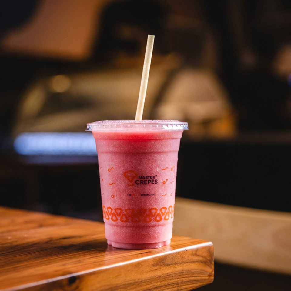 Pink frozen fruit drink with a straw in a branded cup on a wooden table inside a dimly lit restaurant.