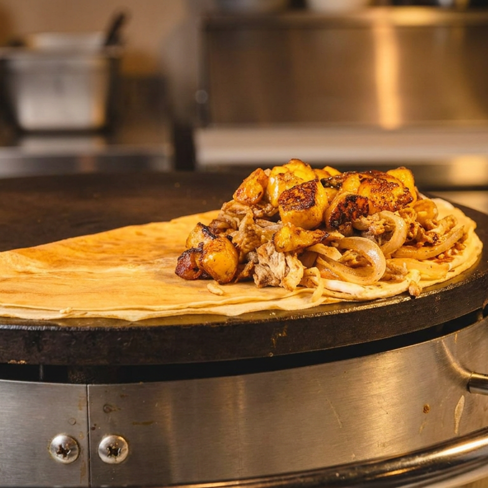 Golden crepe topped with grilled mushrooms, onions, and potatoes cooking on a round griddle in a restaurant kitchen.