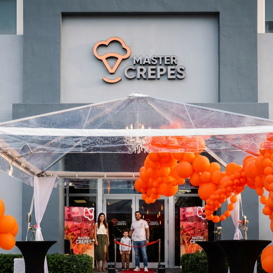 Master Crepes storefront decorated with orange balloon arches and canopy, with a family standing at the entrance.