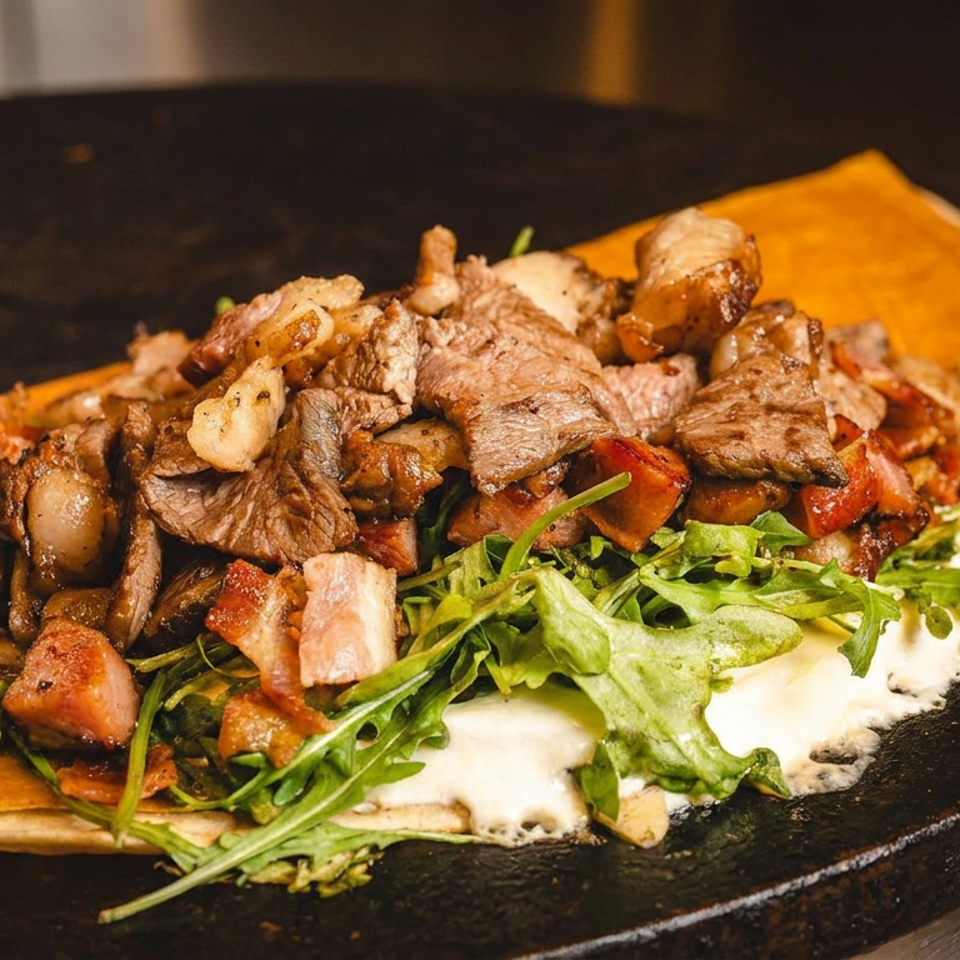 Flatbread topped with grilled steak, mushrooms, bacon, tomatoes, arugula, and creamy sauce on a dark serving platter.