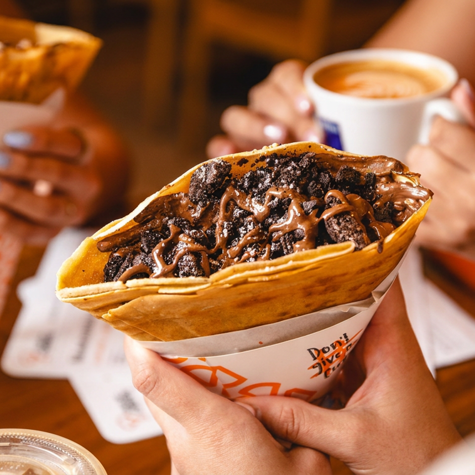 Hands hold a folded taco filled with dark cookies and chocolate drizzle, alongside fries, coffee, and drinks at a restaurant table.