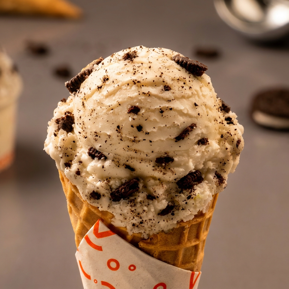 Cookies-and-cream ice cream cone in branded wrapper, with a second cone and chocolate sandwich cookies blurred in the background.