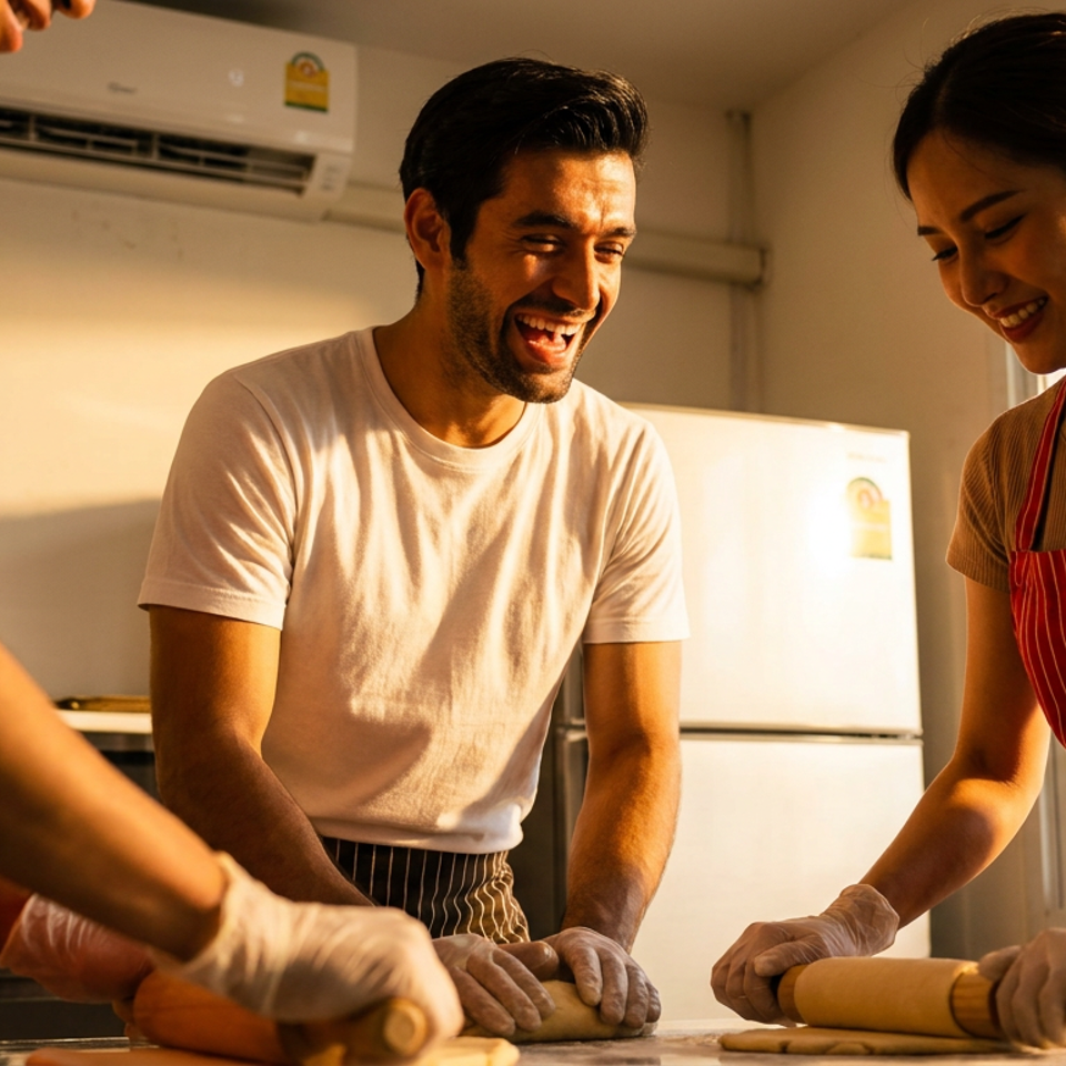 Three restaurant workers in striped aprons prepare dough together in a warmly lit kitchen.