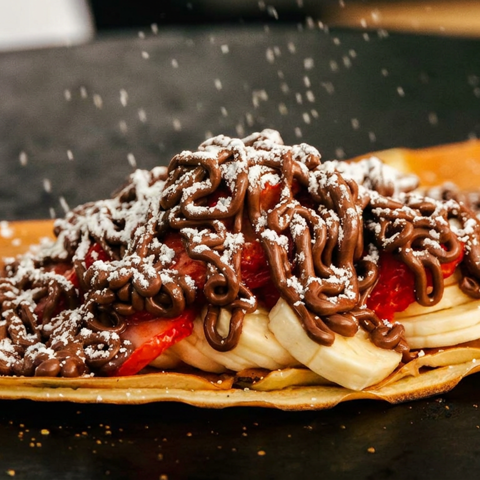 Dessert crepe filled with bananas and strawberries, topped with chocolate drizzle and powdered sugar on a dark plate.