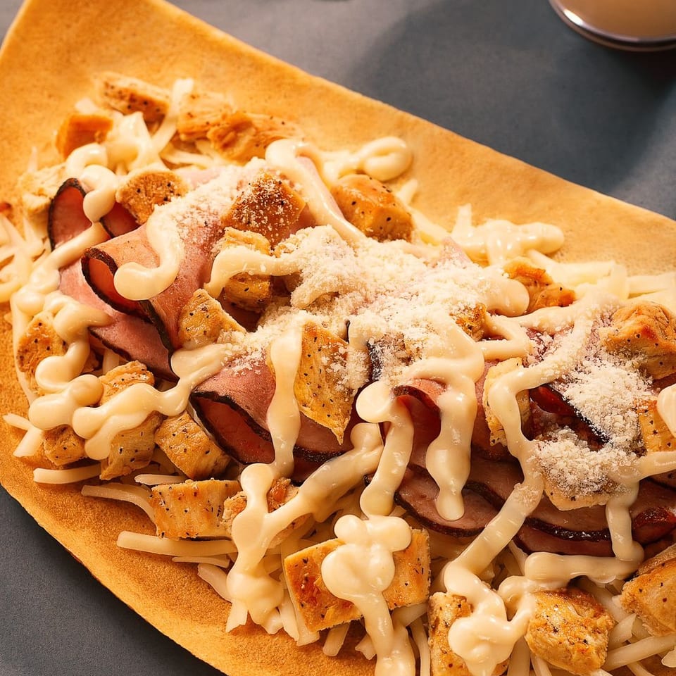 Loaded flatbread topped with sliced sausage, grilled chicken, shredded cheese, creamy sauce, and seasoned croutons.