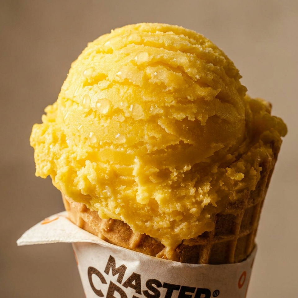 Close-up of a golden-yellow ice cream scoop in a waffle cone wrapped in a branded paper sleeve.