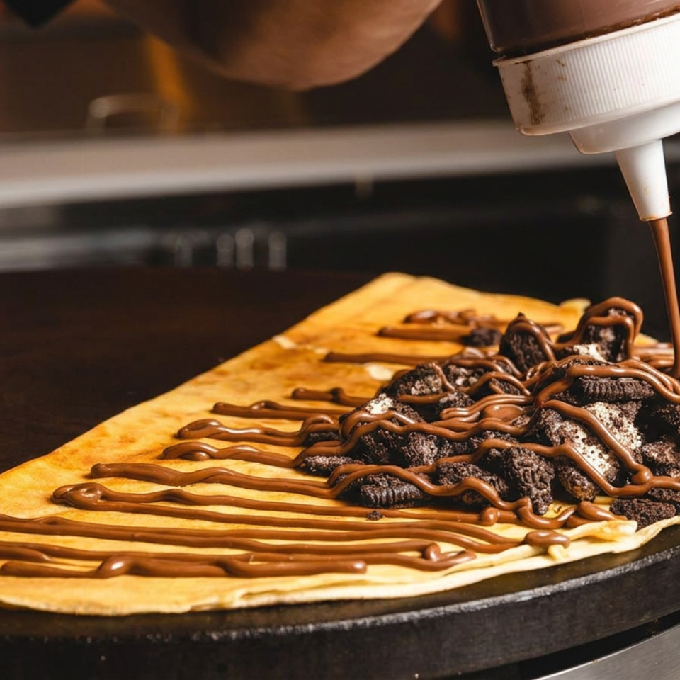 Crepe topped with chocolate spread and cookie pieces being drizzled with chocolate sauce on a hot griddle.