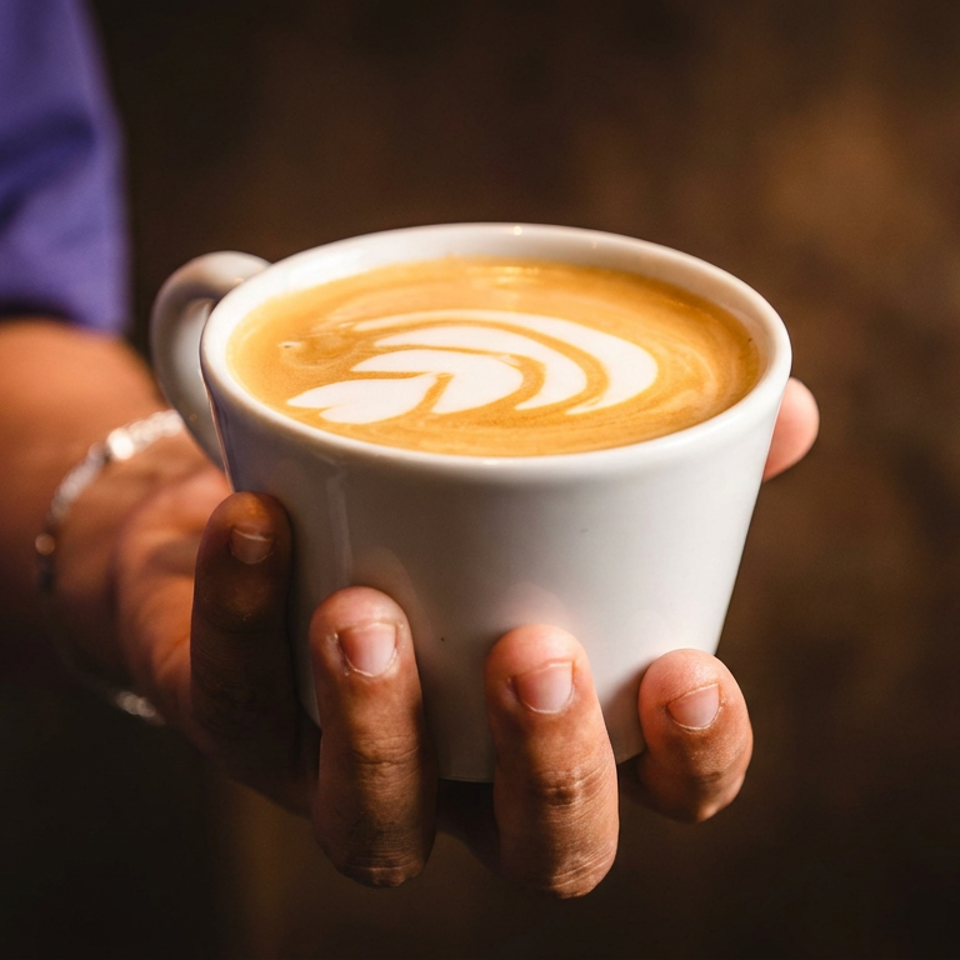 Hands hold a white ceramic latte cup featuring creamy leaf-shaped latte art against a warm, softly blurred background.