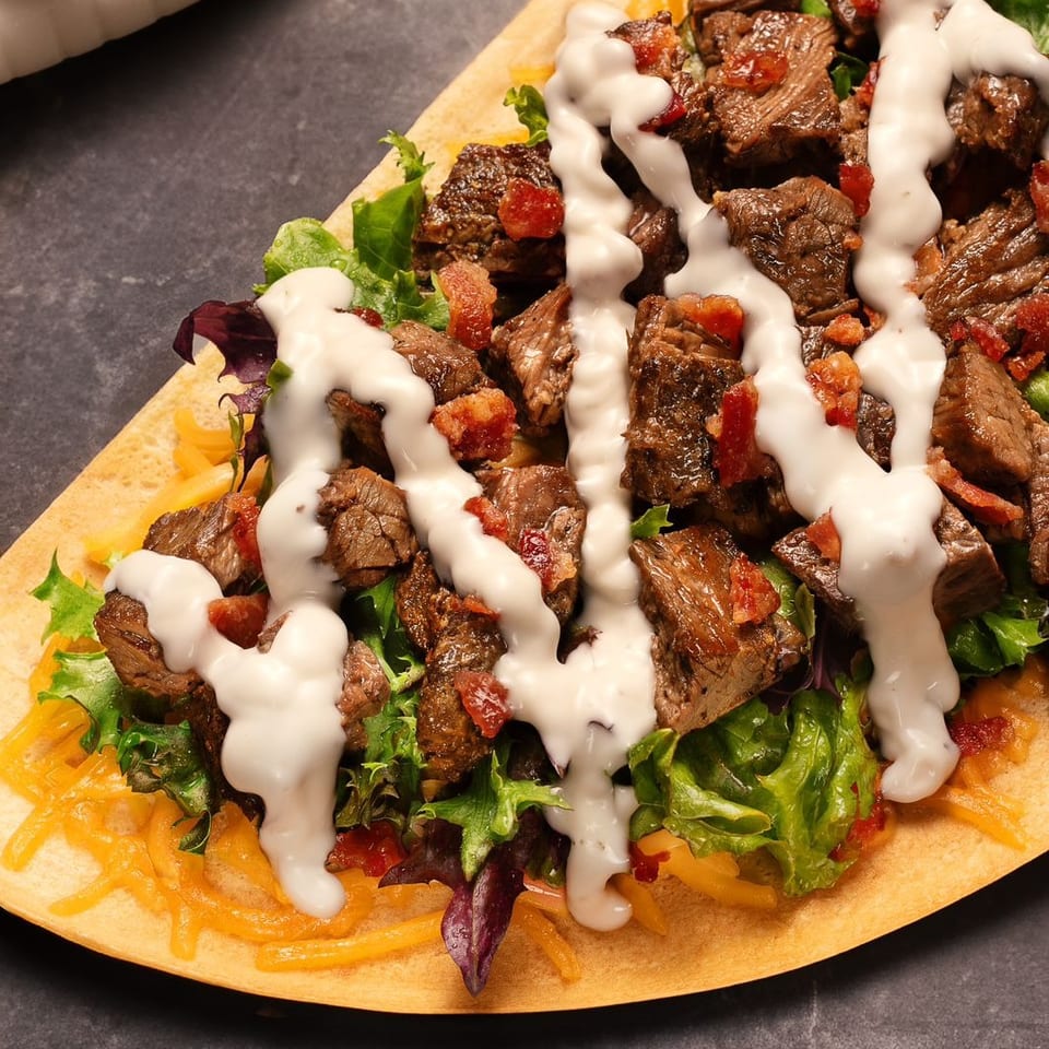 Flatbread topped with grilled steak, mixed greens, shredded cheese, bacon bits, and drizzled creamy sauce.