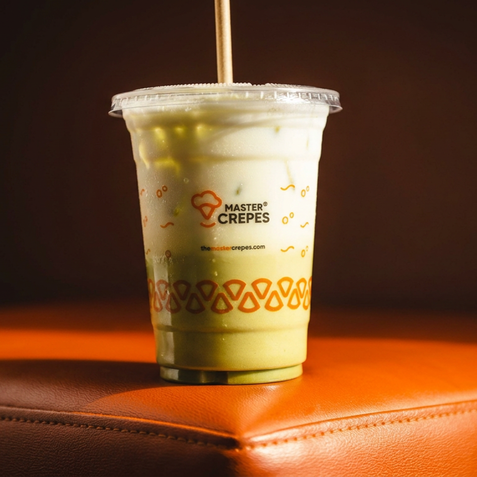 Iced green tea drink in a branded Master Crepes cup with straw, photographed on an orange leather seat.